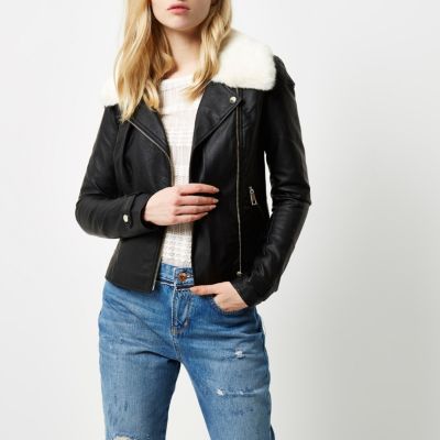 Black faux fur collar biker jacket